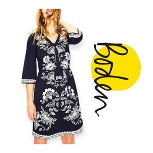 Boden Clemmie Navy Blue Floral Embroidered Cotton Boho Shift Dress Size 12 Large